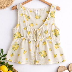 Lemon Print Peplum Tank Top Women’s Medium Cottagecore Summer Tie Front Blouse